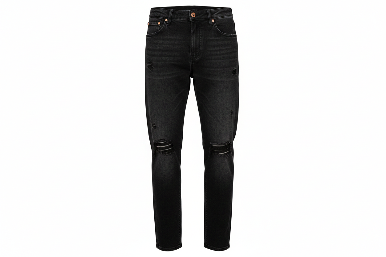 Dark shade, no fade black jeans
Relaxed fit, mid-rise
Slash knee, ripped
Non stretchable
5 pockets
Length: regular

