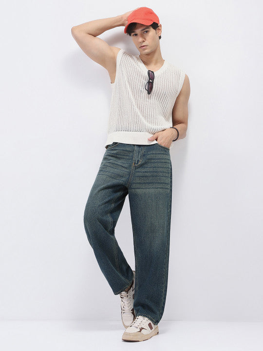 Men Denim Blue Loose Baggy Fit Heavy Washed Non-Stretchable Jeans