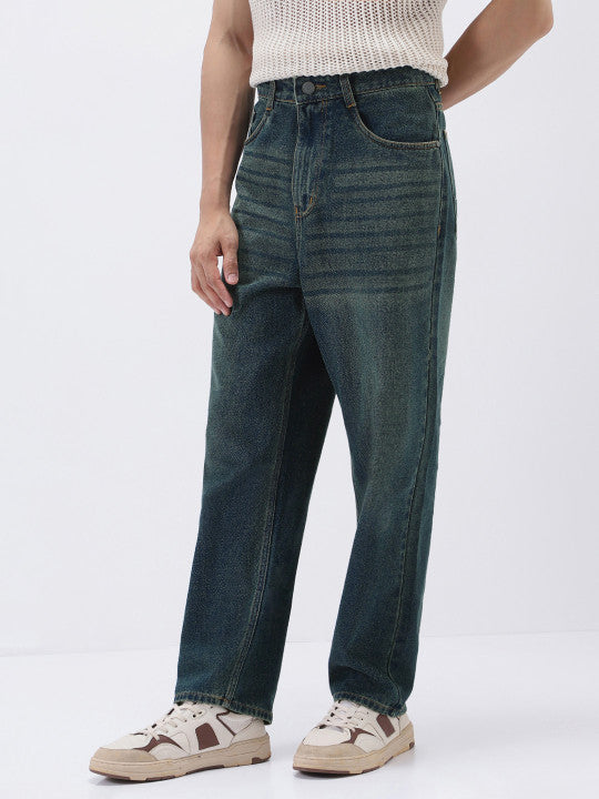 Men Denim Blue Loose Baggy Fit Heavy Washed Non-Stretchable Jeans